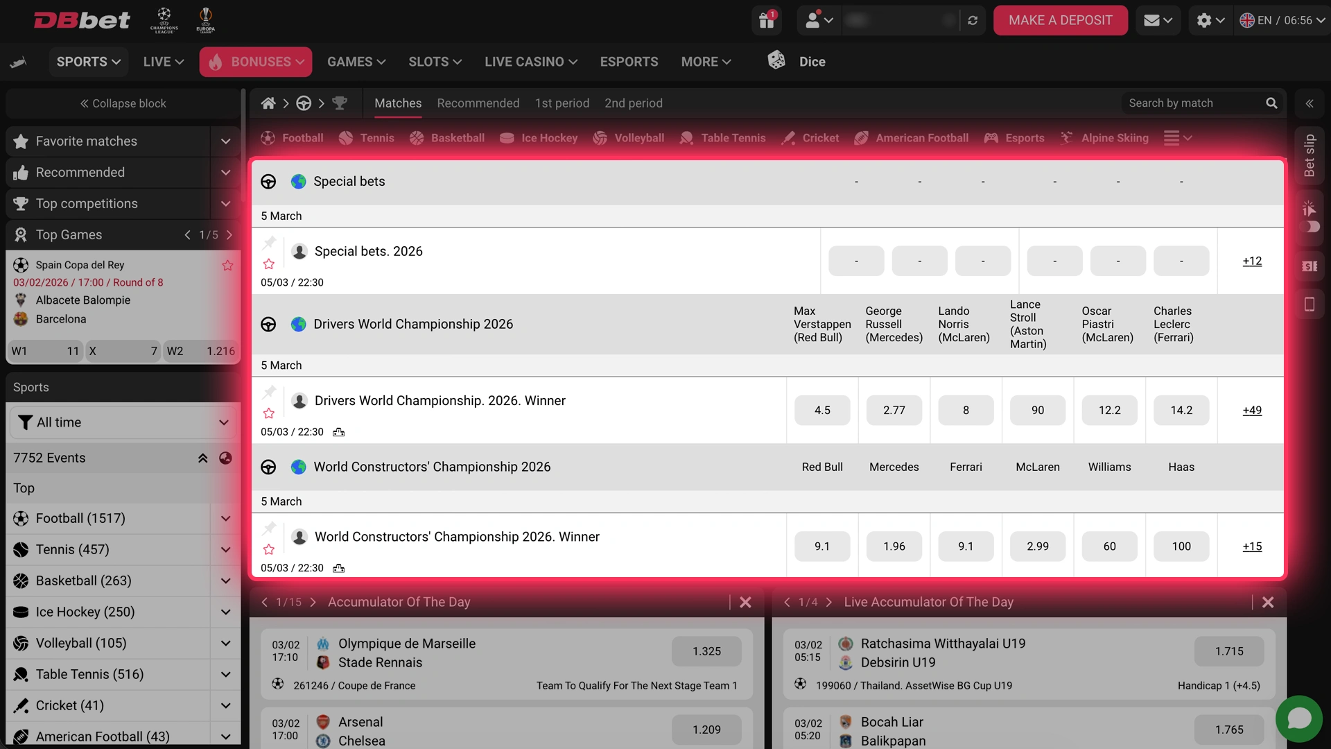 DBBet platformasida F1 betting bozorini va eng yaxshi koeffitsientlarni tanlang.