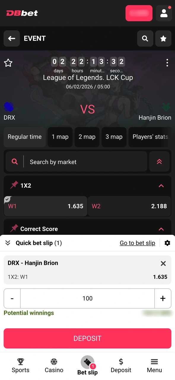Find League of Legends and place your first bet on the DBBet platform.