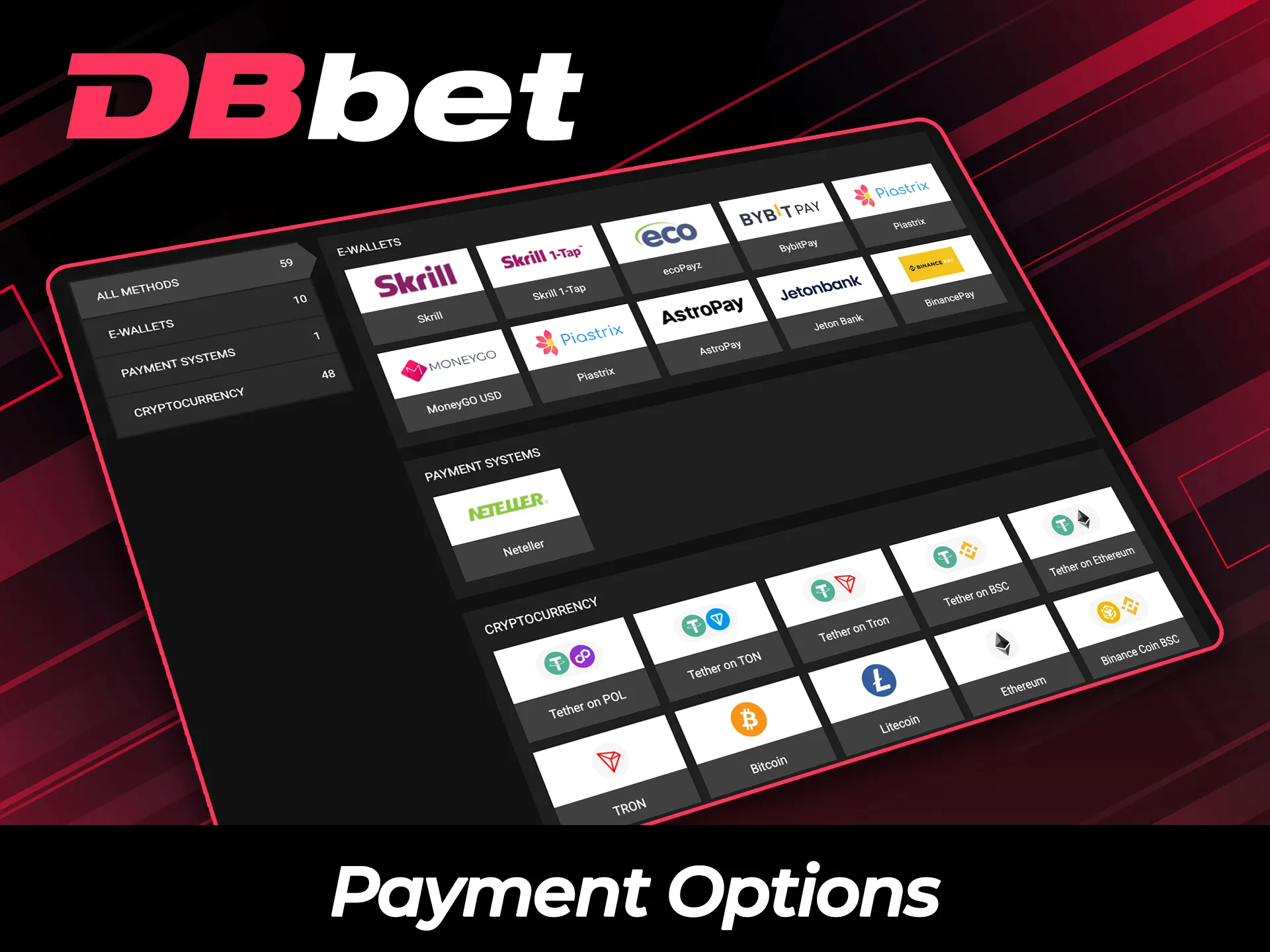 Use convenient payment options for transactions on the DBBet site.