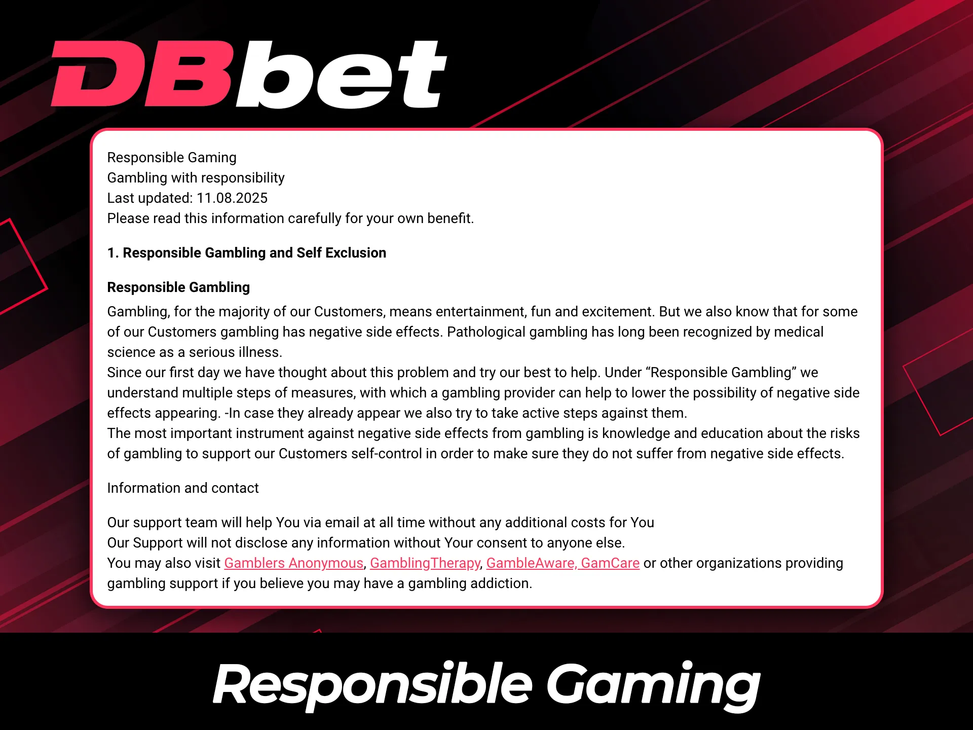 Follow the principles of responsible gaming while playing at DBBet.
