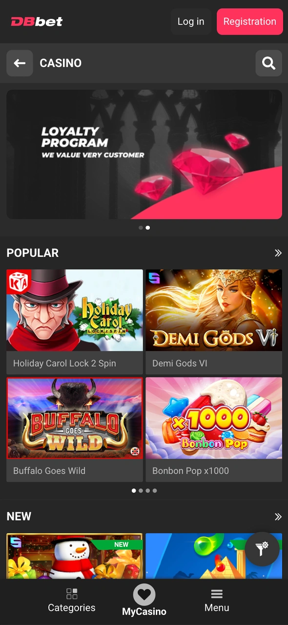 Explore the casino section layout on the DBBet main page.