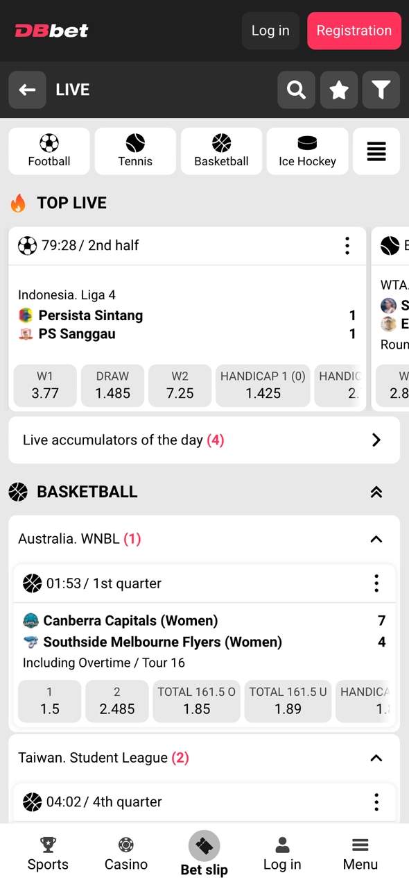 Browse the sports betting interface on the DBBet main platform.