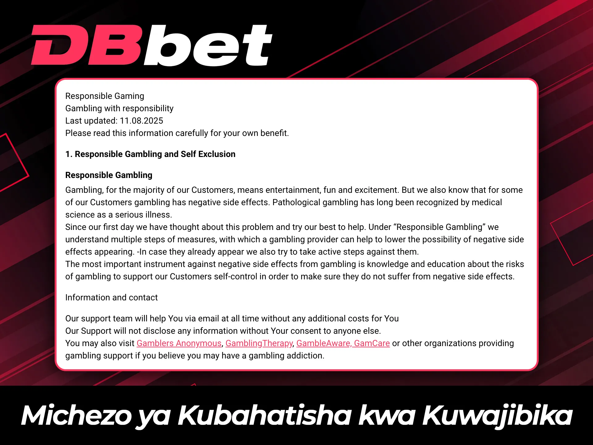 Fuata kanuni za uchezaji wa kuwajibika unapocheza kwenye DBBet.