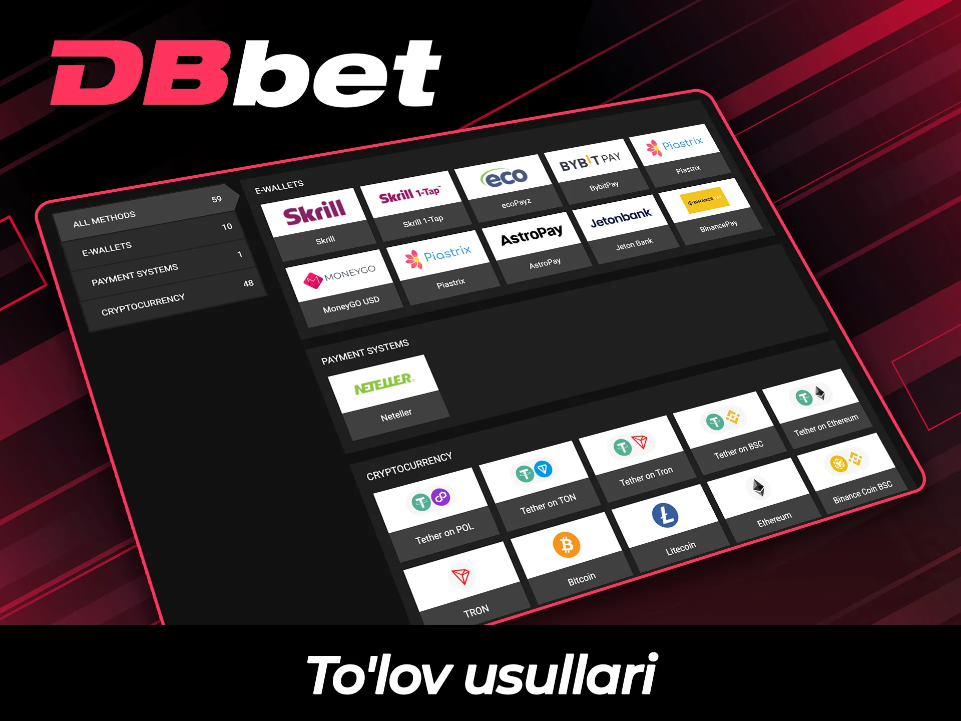 DBBet saytida tranzaksiyalar uchun qulay to'lov usullaridan foydalaning.