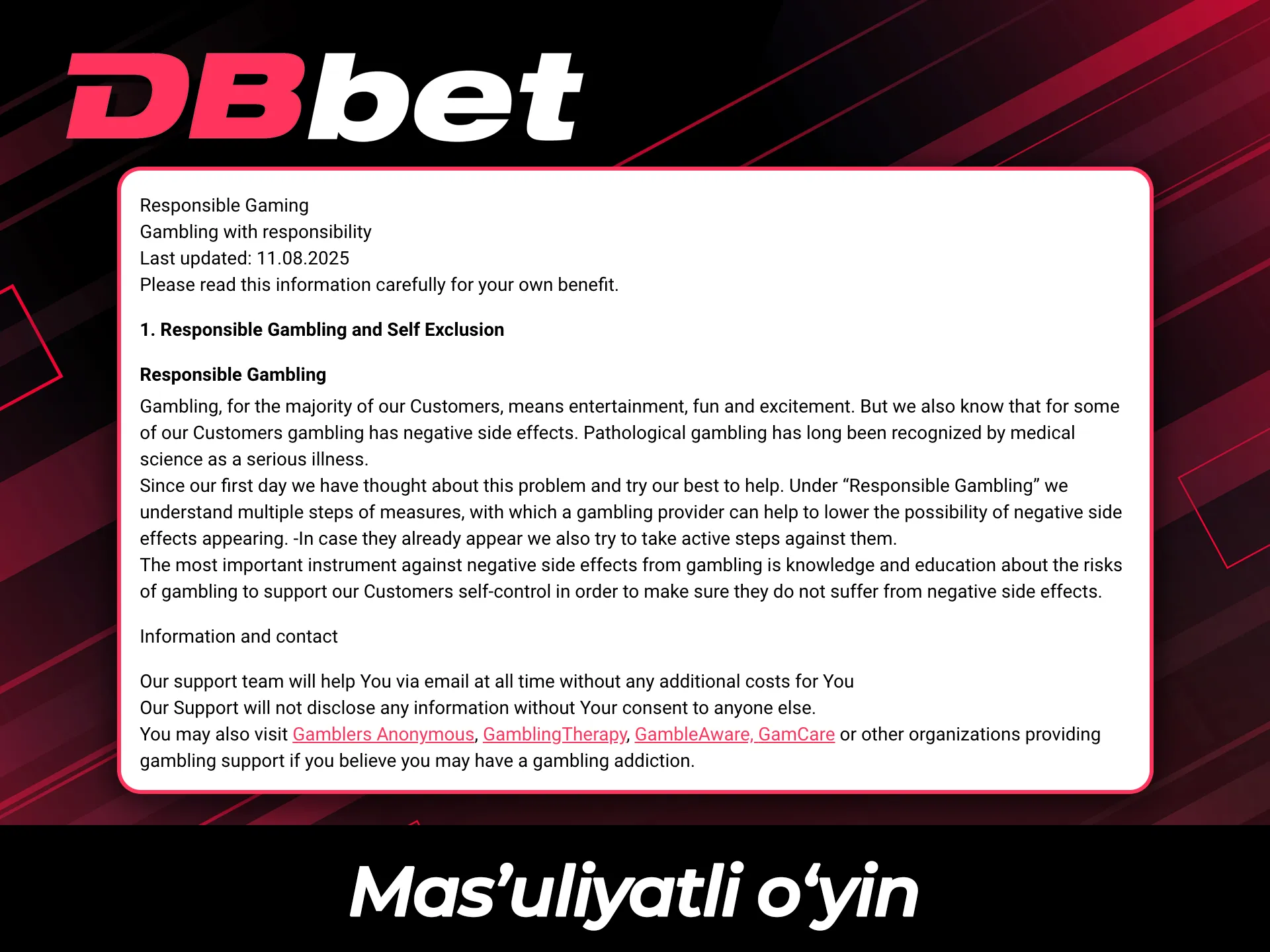 DBBet-da o'ynash paytida mas'uliyatli o'yin tamoyillariga amal qiling.