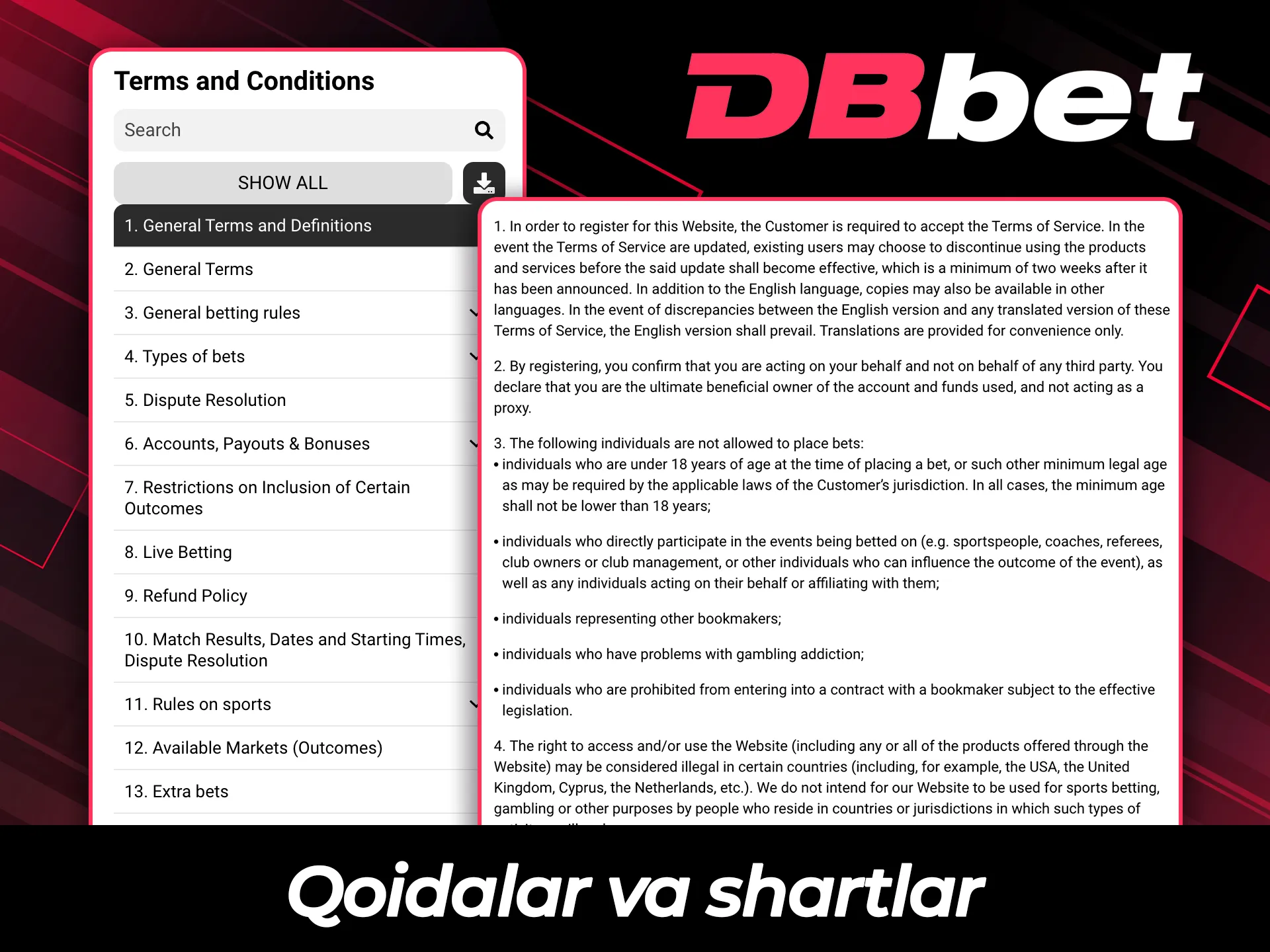 DBBet rasmiy saytining qoidalari va shartlarini o'qib chiqing.