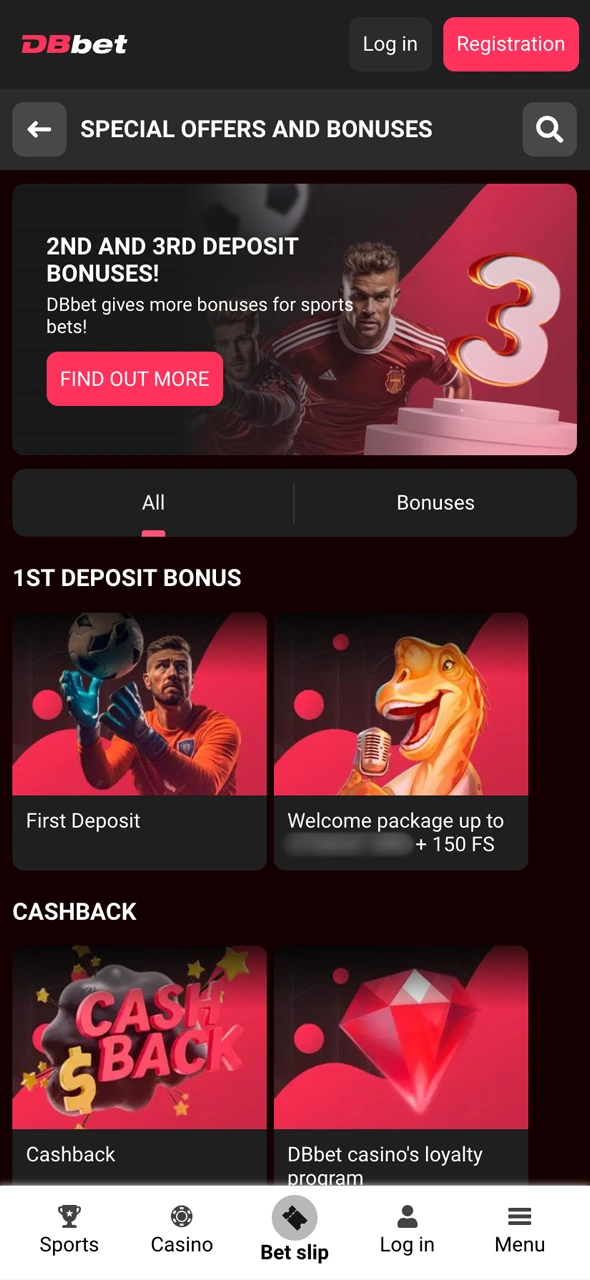 DBBet asosiy menyusidagi bonuslar toifasi displeyini tekshiring.