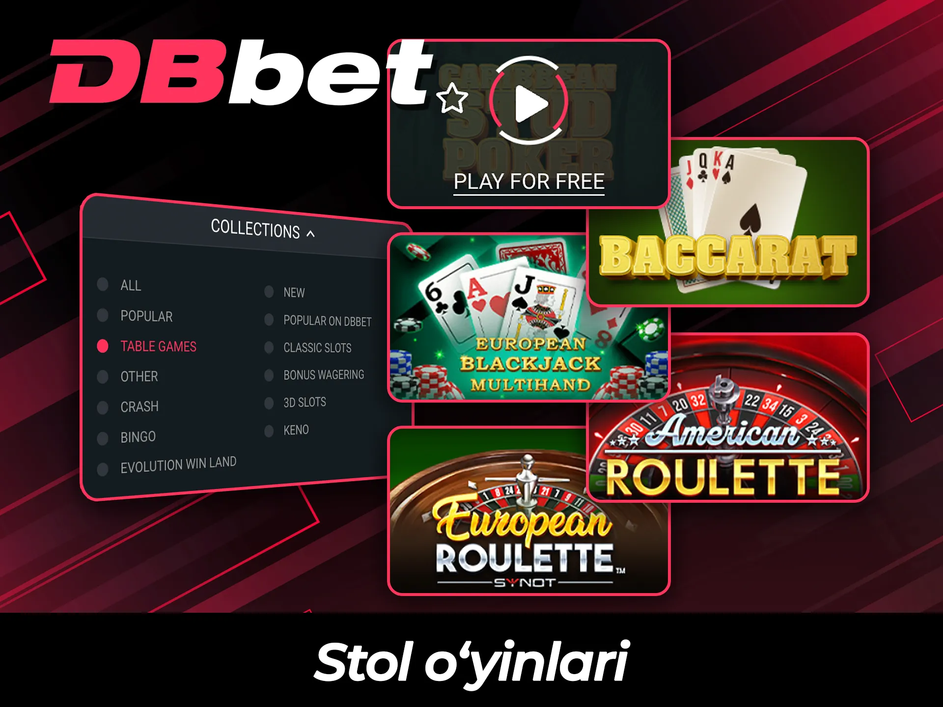 DBBet asosiy sahifasida mavjud bo'lgan turli xil stol o'yinlaridan zavqlaning.