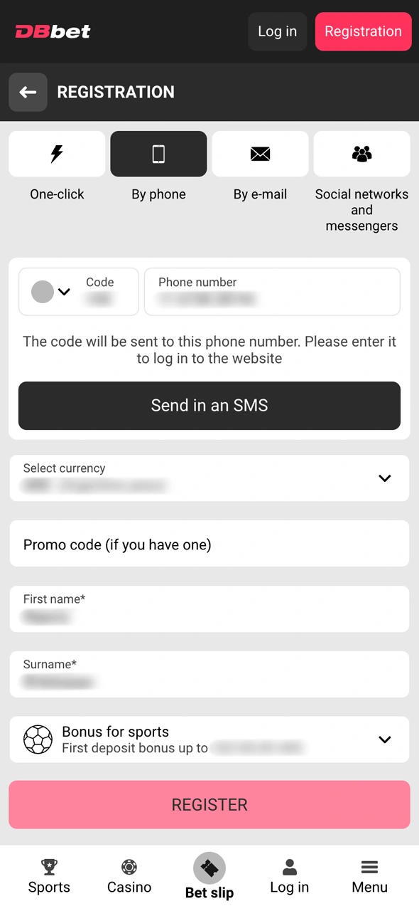 Create your account to start the DBBet registration bonus process.